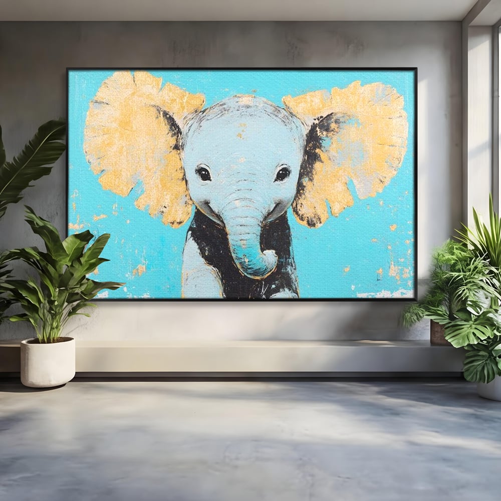 Tablou canvas cu tablou canvas cu un pui de elefant, in rama de aluminiu negru
